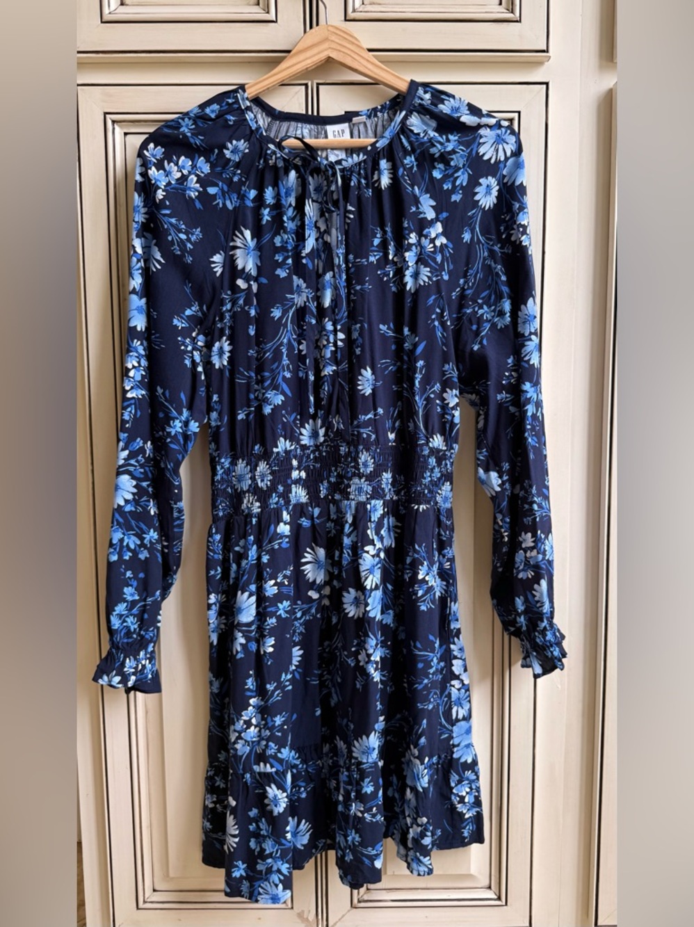 GAP Dark Navy Floral Tie-Neck Dress with Light Blue Blooms